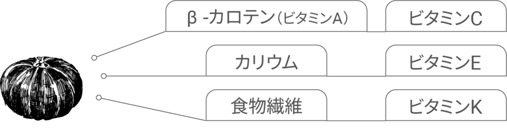 βカロテン（ビタミンA）、ビタミンC、カリウム、ビタミンE、食物繊維、ビタミンK